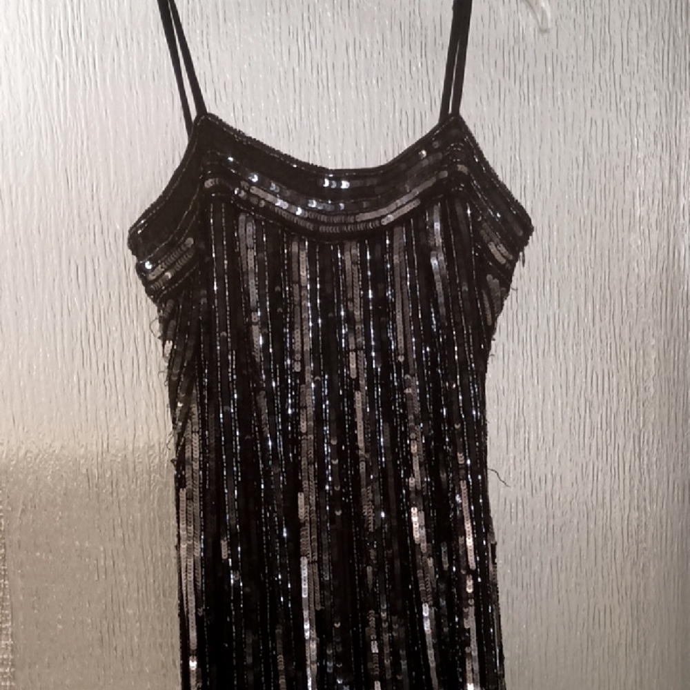 Sténay Vintage Black & Silver Sequined Silk Chiffon Evening Tank Dress, Size 10